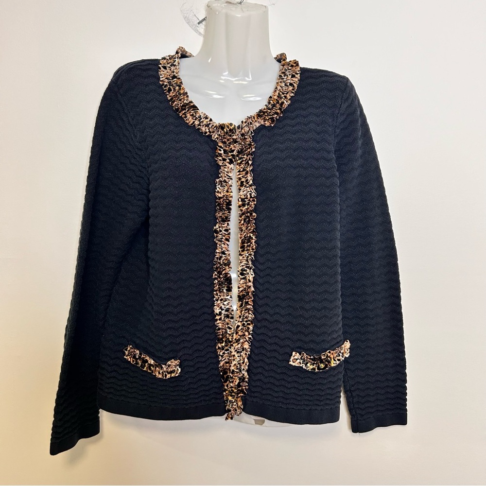 ◾️Vintage Allison Daley Black Cardigan Sweater with Leopard Ruffle Trim